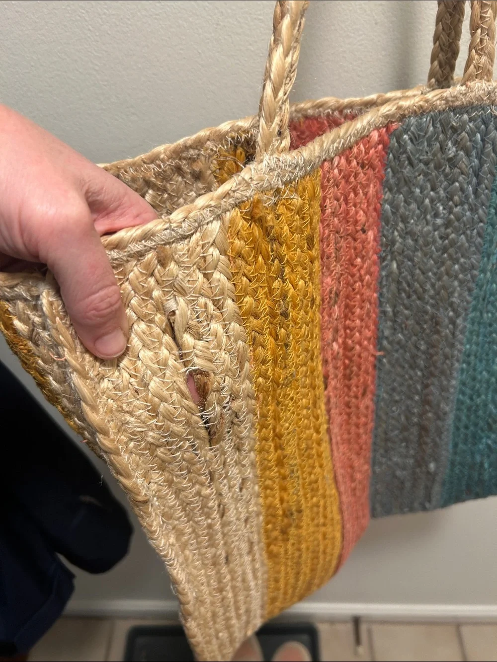 Oniell Strippped Multicolor Straw Tote Bag - Cream, Yellow, Pink, Teal